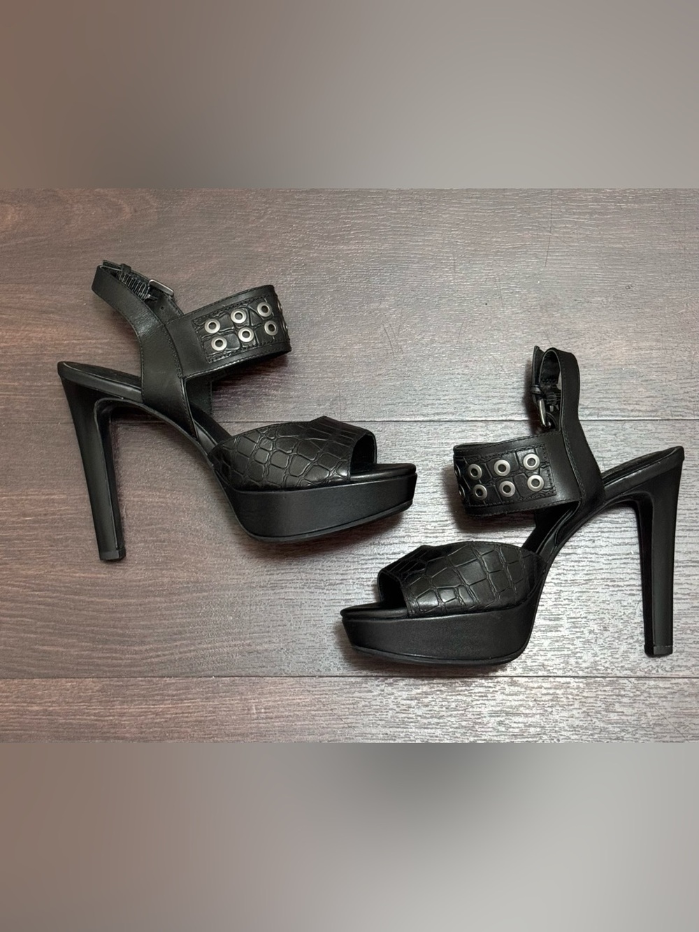 Geox Felyxa Black Croc Platform Stiletto Sandals Eyelet Strap EU 36 / US 6